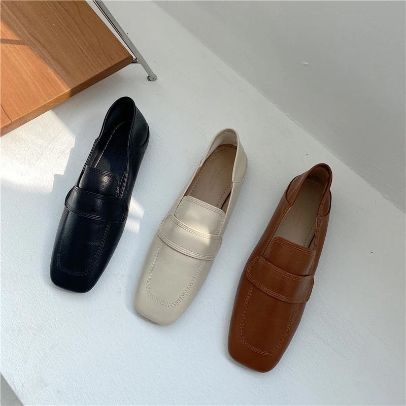 Leather Loafers Women, Flat Square Toe Slip-on Shoes, Casual Ladies Mules for Party and Driving