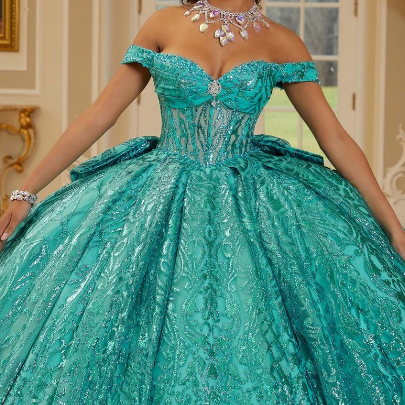 Mint Green Shiny Quinceanera Dresses Off The Shoulder Princess Beads Crystal Bow Tull Sweet 16 Birthday Party Gown Vestido De 15 Anos