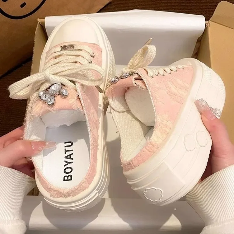 2024 Summer Sneakers Women's Slippers and New Ladies Sandals Sports Slides with Bow Height Shoes Round Toe Cotton Junior White 790b Sals