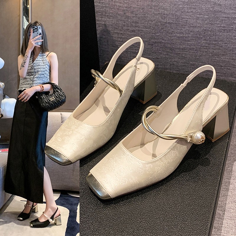 Chinese New country wind single shoes spring new vintage French women's heel square head shallow mouth women sandals 961b