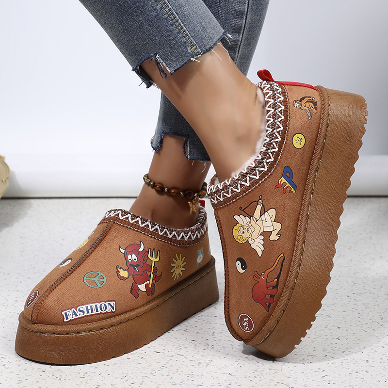 Warm Women Thick Fluff Snow Boots Cute Cartoon Pattern Print Platform Ankle Botas Casual Short Plush Flat Shoes Autumn Winter fcee
