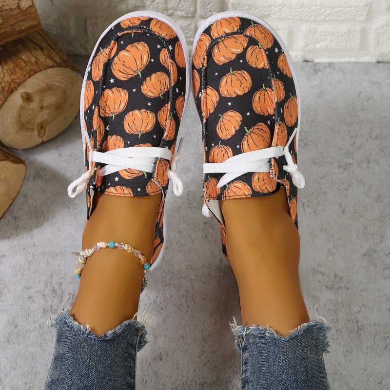 Halloween Print Pumpkin Flats Women 2024 Spring Autumn Canvas Woman Design Lace Up Cotton Shoes Plus Size 43 0e22 fcf5