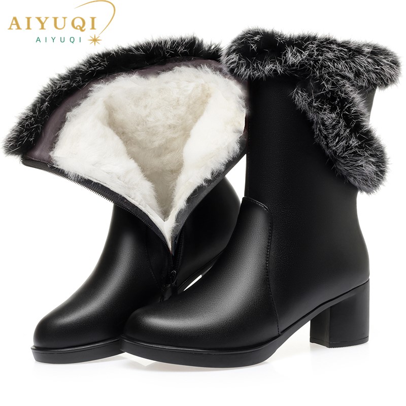 AIYUQI Women Boots Winter Dress 2024 New Genuine Leather High Heel Women Half Boots Wool Rabbit Fur Snow Boots Ladies