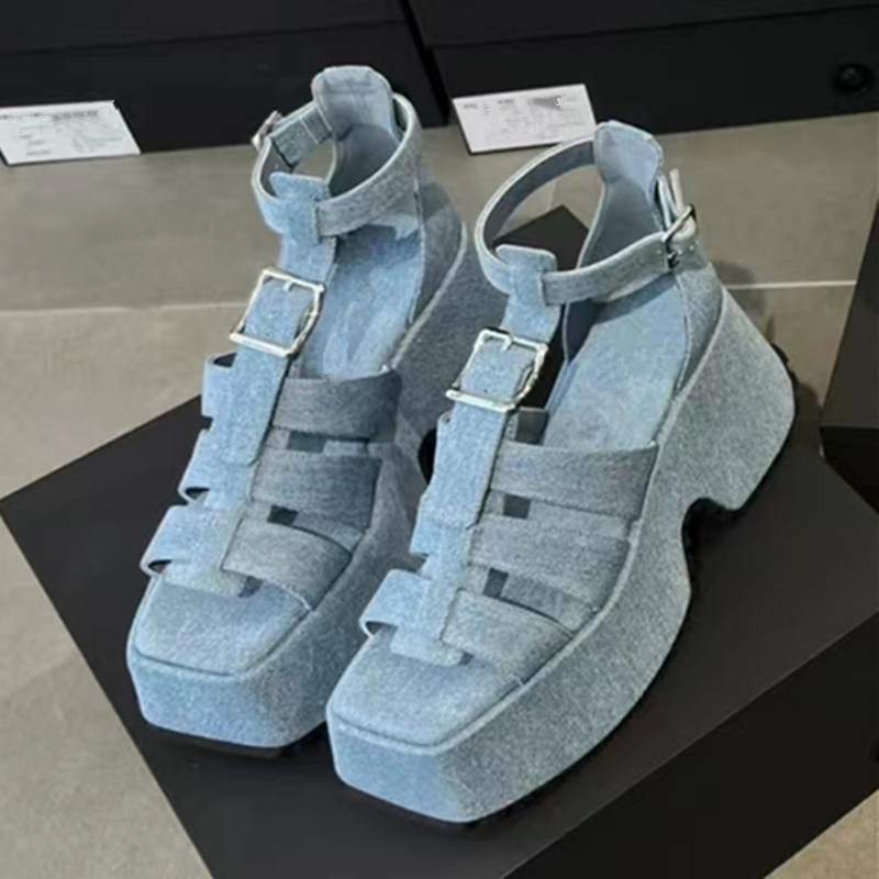 Buckles Wedge Denim Sandals Platform High Heel Rome Summer Sandalias T-strap New Ankle Wrap Cross Weave Heeled Shoes Designer Heels ed s