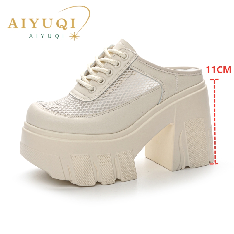 AIYUQI Slippers Women High Heel 2024 New Summer Closed Toe Women Slippers 11cm Height Mesh Platform Slippers Women