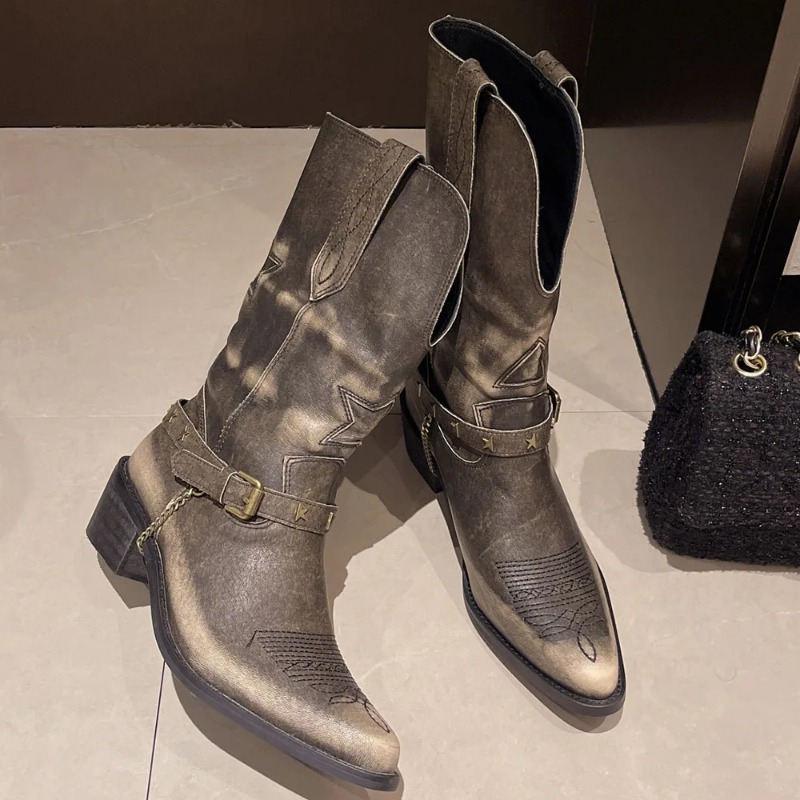 2024 New Vintage Cowgirls New Western for Metal Chain Cowboy Fashion Music Festival Women Shoes Mid-Calf Boots