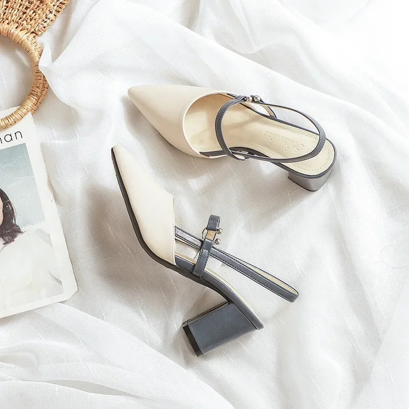 2025 NEW Pumps for Summer Elegant Chunky High Heels Pointed Toe Baotou Solid Ladies Shoes Female Sandals atillas Mujer ff