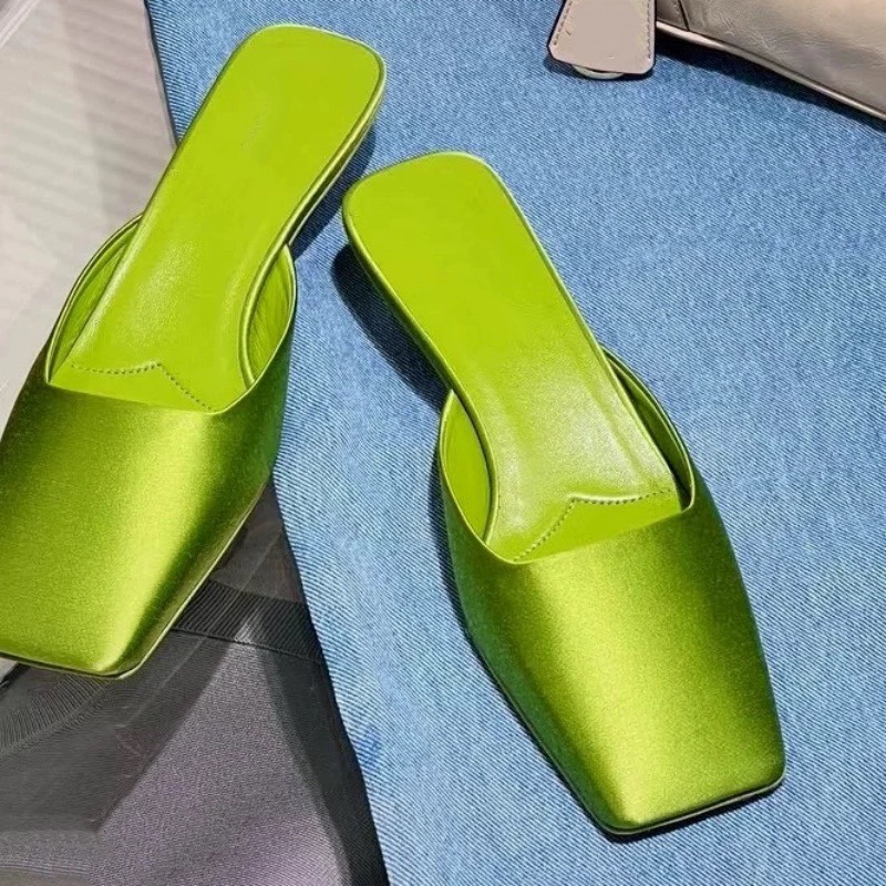 green Quality Silk Satin Women Slippers Simple Elegant Temperament Sandals Comfort Home Celebrity Party High Heel Shoes be1