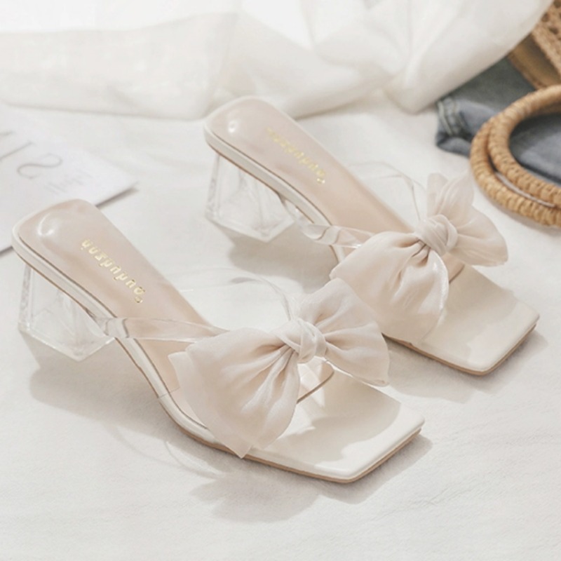 Sandal Pink Slippers Women 2024 Summer Square Open Toe Bow Fashion Female Slipper Chunky Heel Outside Wear Slides Quality New Shoes 4372