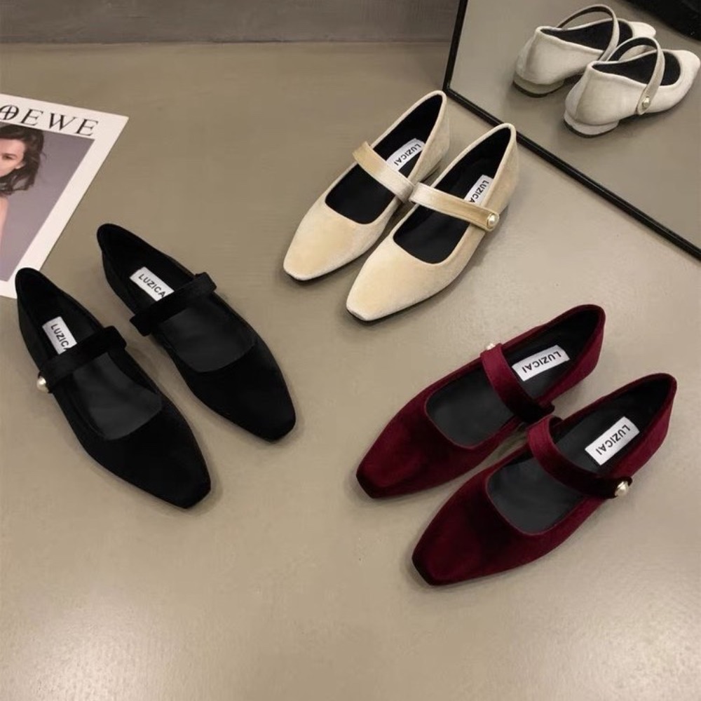 Elegant Pearl Buckle Velour Mary Jane Shoes Woman Concise Veet Ballet Flats Ladies Evening Party Low Heel Pumps In Wine-Red dh912615539