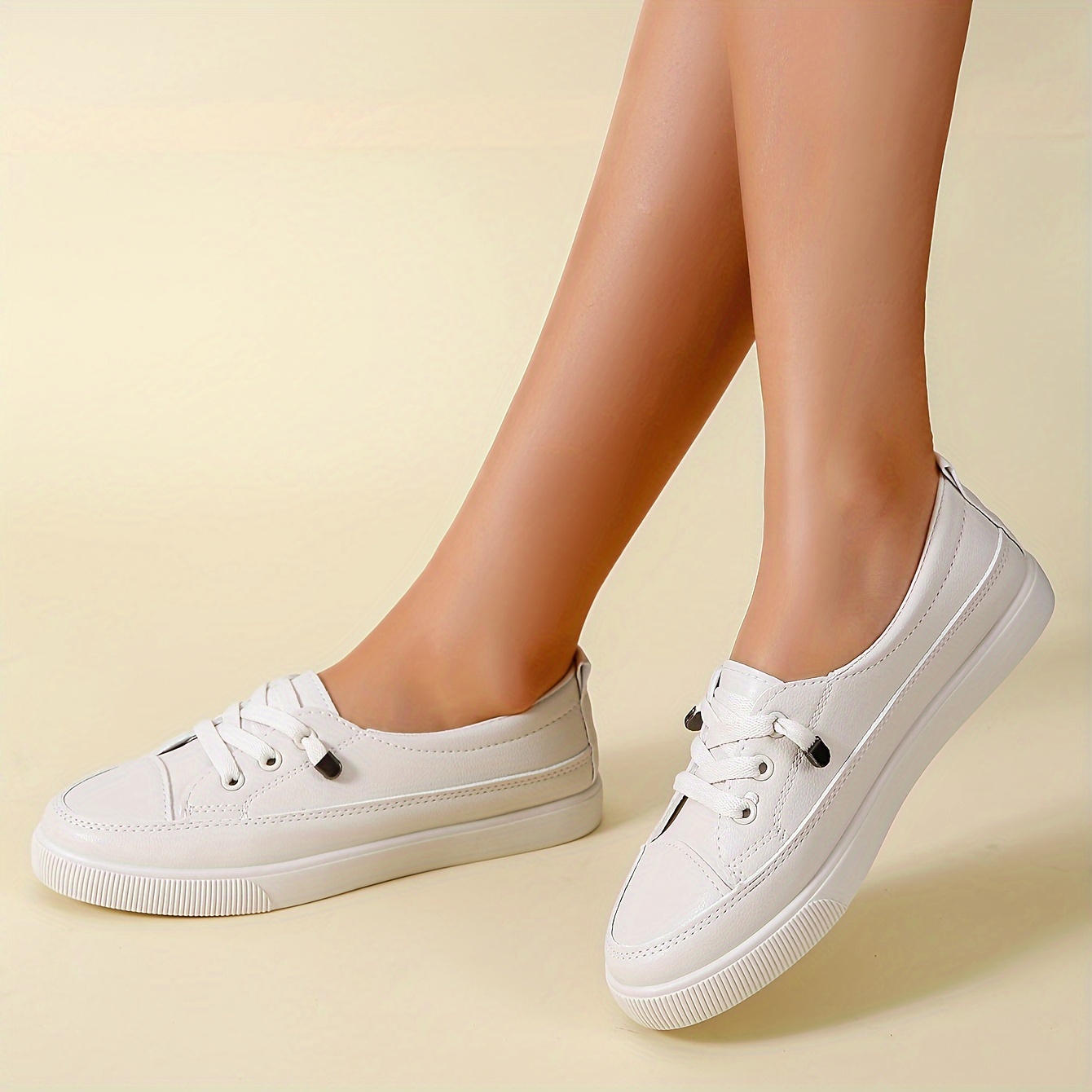 Womens Low-Top Slip-On Sneakers Breathable Mesh ing, Rubber Sole, Lace-Up Closure, Solid Color, Casual Style - All-Season, All-Match, White Trainers f