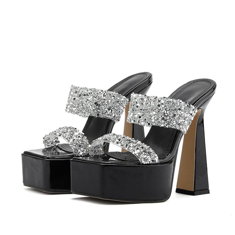 Sexy Liyke Thick Bottom Platform Slippers Women Glitter Sequined Transparent Strap Sandal Female Party Dress Shoes High Heels 58c4 dd9