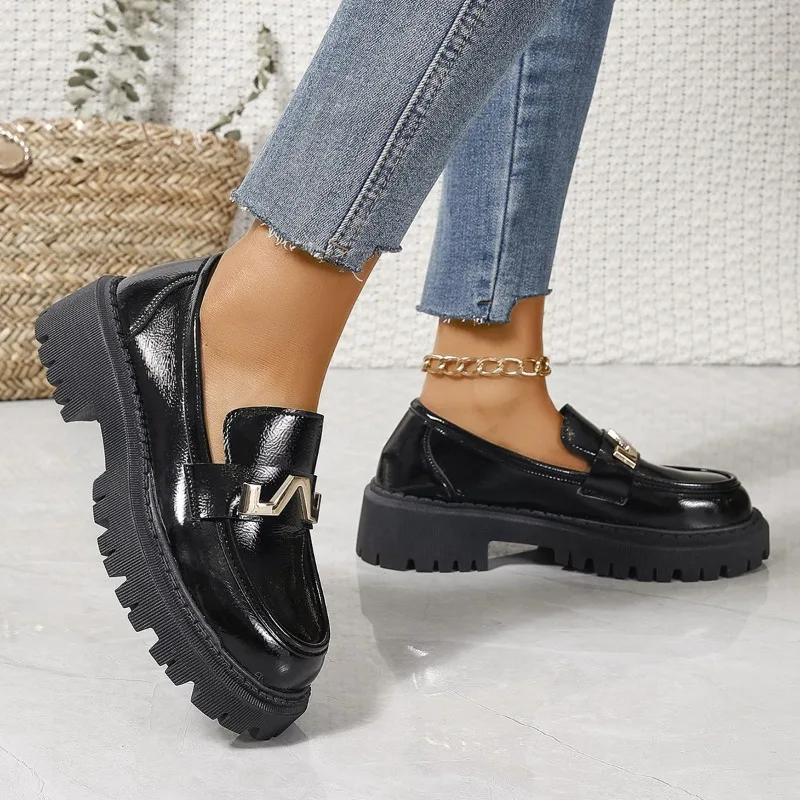 Women New for Spring Loafers Ladies Thick Sole Slip on Flats Leather Platform Casual Buckle Shoes Female atos De Mujer Platm