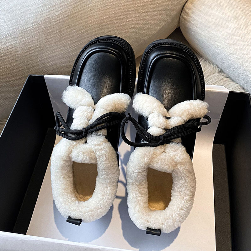 0b4e8 Up Lace fur Lamb leather woman black/white mixed New color cotton loafers women winter furry padded oxford shoes big size 43 ry
