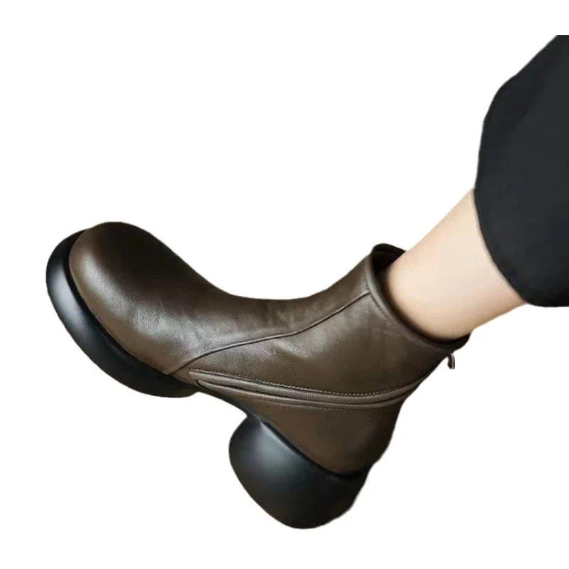 Short Women Winter New Genuine Leather Thick Sole British Style Comfortable Fashion Boots Street Walking Casual Shoes ae7e