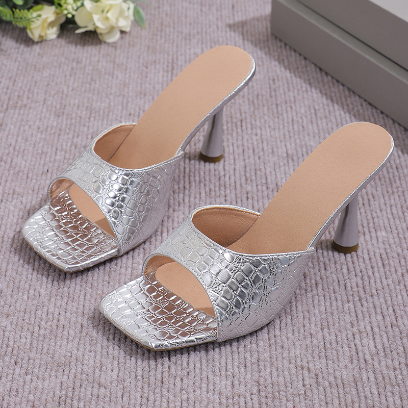 Luxury Gold Silver High Heels Sandals Women 2024 Slip On Square Toe Summer Slippers Woman Plus Size 43 Thin Heeled Party Shoes