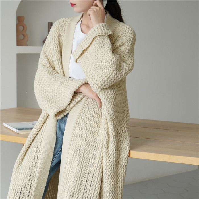Autumn and winter loose long knitted cardigan jacket, women's lazy style, over the knee thick thread, plus size temperament sweater
