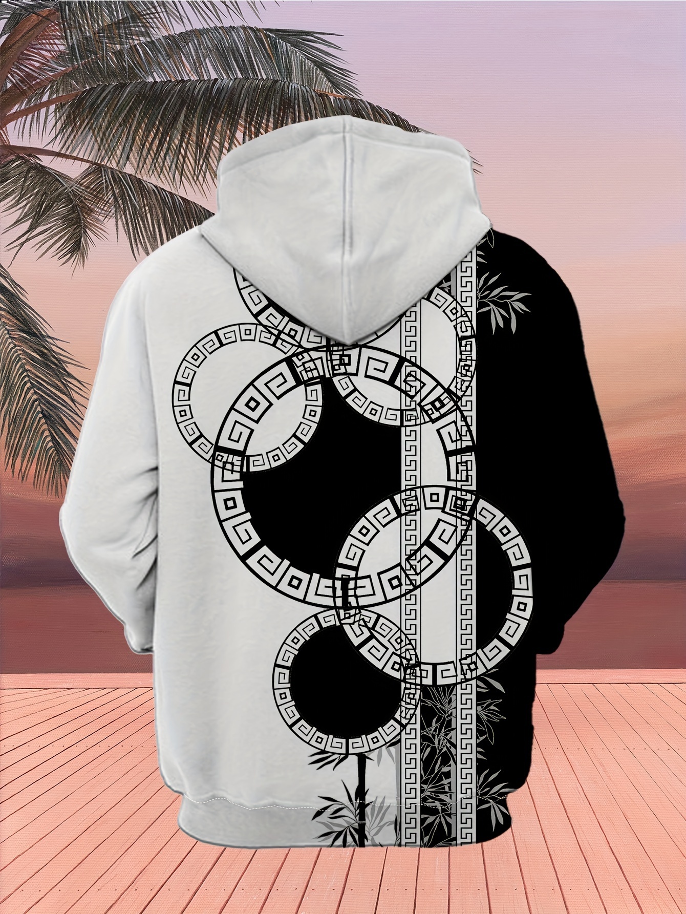 Contrast Color Geometric And Bamboo Print Fashion Hoodie For Men, Loose Fit Hooded Sweatshirt For Spring, Fall Winter