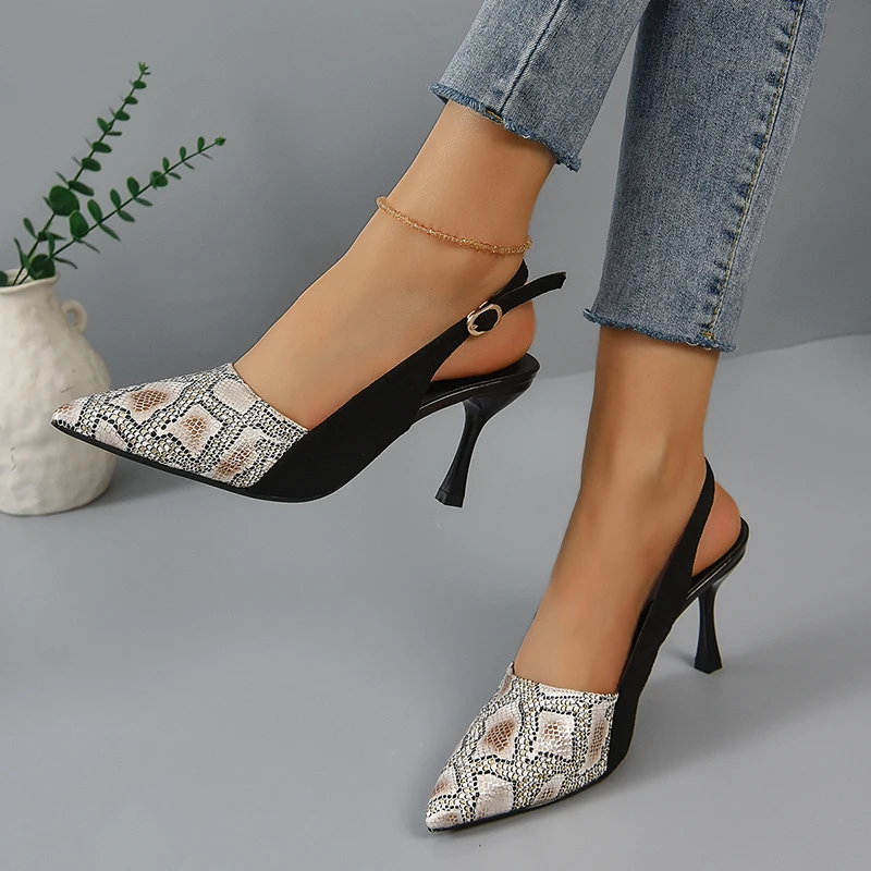 2025 new High New Heels Mules Sandals Women Fashion Snake Pattern Thin Heeled Shoes Woman Back Strap Pointed Toe Sandalias 8b66