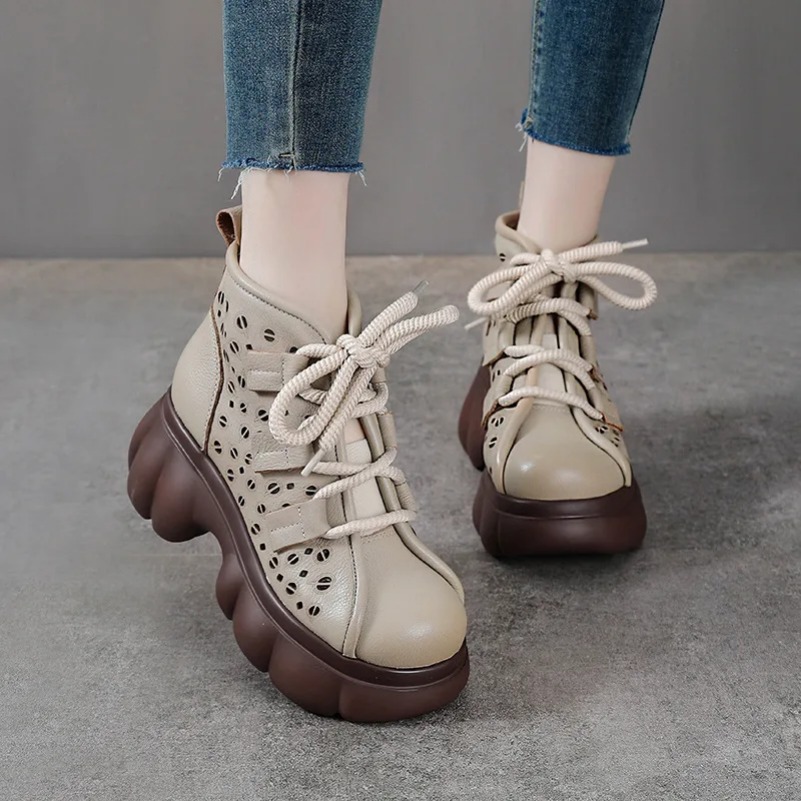 Fujin 6cm Rubber Breathable Sandals Booties Summer Women Ankle Boots Shoes Hollow Ethnic Genuine Leather Fashion Chunky Heels