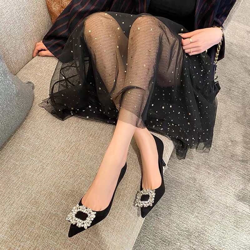 New Women High Heel Pumps Black Square Buckle Pointed Thin Heeled Baotou Banquet High Heeled Shoes Tacones Mujer Dress Shoes