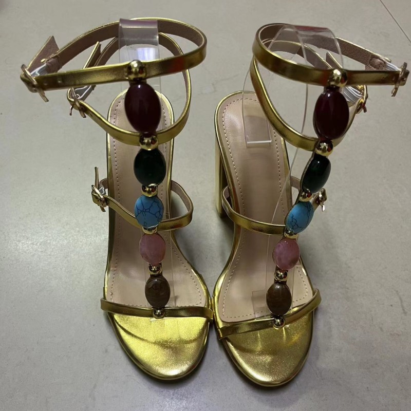2024 Summer Sandals for Women - Gold Gem Rivet Buckle Strap Square High Heels