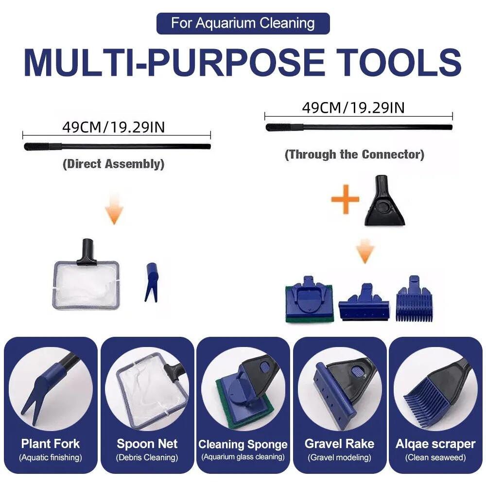 5in1 Aquarium Cleaning Tool Plant Fork Spoon Net Sponge Brush Gravel Rake Algae Scraper