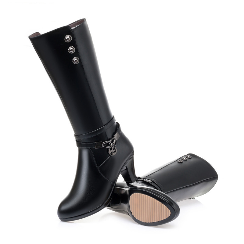 2024 New Winter Footwear Genuine Leather Women's Boots Fashion Chain Wool Warm Boots Women High Heel Riding Boots Shoes Women