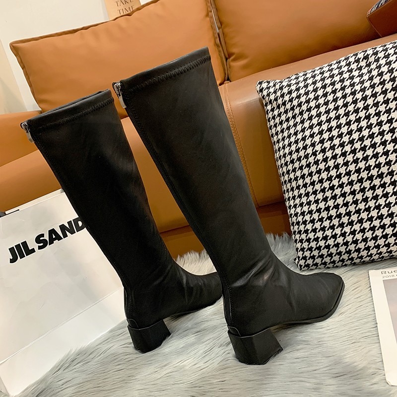 Square Toe Knee High Ladies 2023 New Women Long Boots Classic Thick Heels Female Pump Zip Autumn Winter Solid Knight Shoes