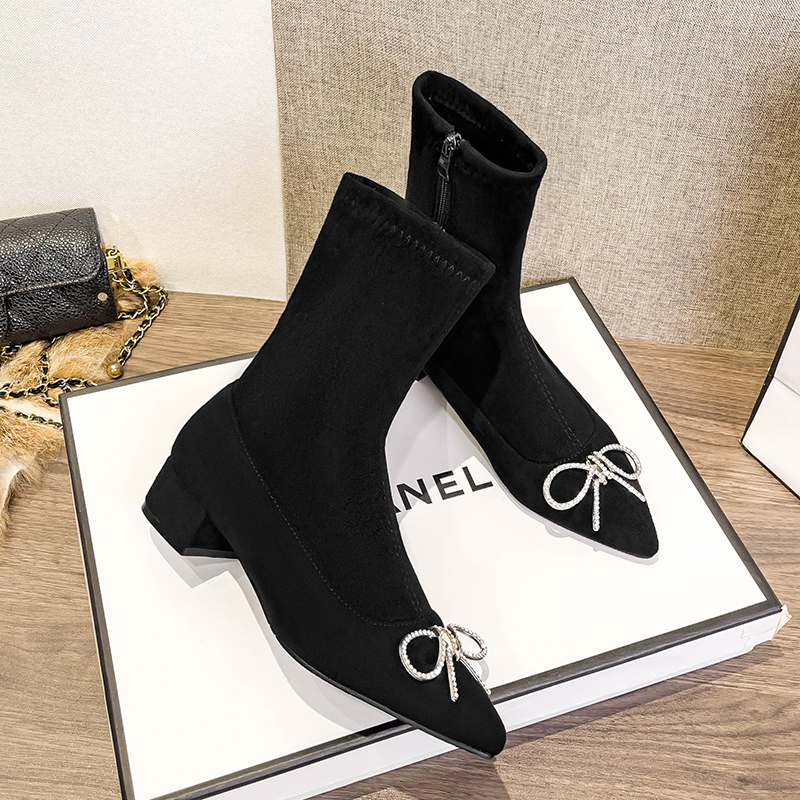 ck Crystal Bowtie ankle boots women zip open short sock booties female pointy low heel winter botas mujer autumn bow botines ad6b so