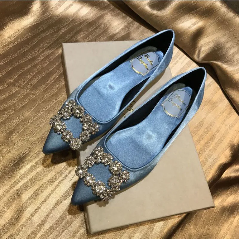 2023 New Snowflake Buckle Square Single Shoes Satin Rhinestone Bridesmaid Shoes Yellow Pointed Flat Shallow Mouth Wedding