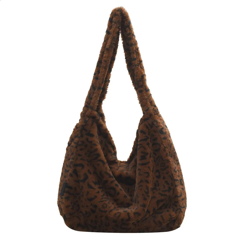 Brown Leopard Print Plush Bag Women Soft Warm Winter Tote Bag Faux Fur Shoulder Bag For Women Ladies Handbags And Purses 240902