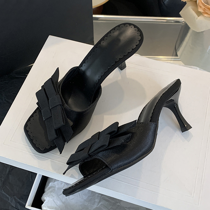 Summer Liyke Fashion Double Butterfly-knot Satin Women Slippers Sandals Thin High New Heel Outdoor Dress Slides Shoes Mules Femme 3de4