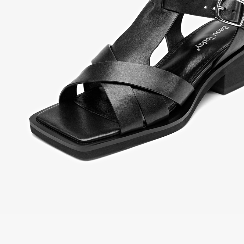 BEAUTODAY Gladiator Sandals Women Genuine Cow Leather Solid Black Crosses-strap Design Beach Ladies Shoes Handmade 33097