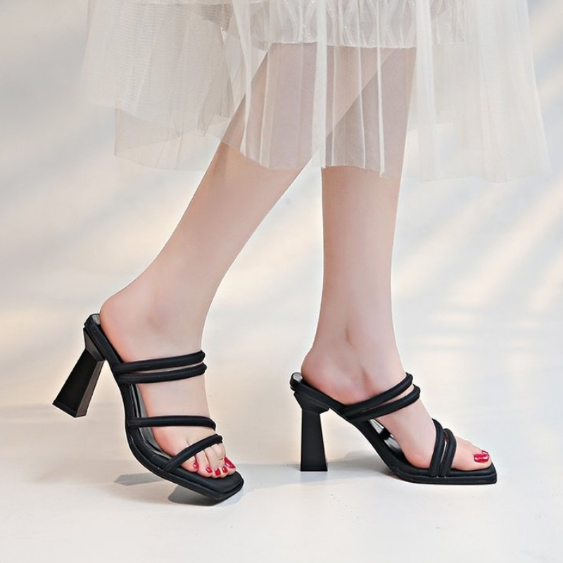 New New Summer Women's Slippers Square Toe Narrow Band Solid Casual Sandals Waterproof Block High Ladies Shoes 265c