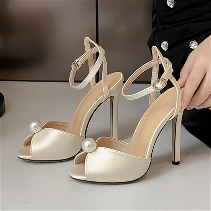 Women Satins Pumps Cozy Peep Toe 11CM Thin Heels Buckle Sandals Cute Pearl Design Shoes Ankle Strap Sandalias 5d83
