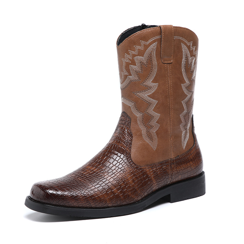 Men's Classic Retro Riding Boots Mens Embossed Leather Embroidery Mid-Calf Boots Men Western Cowboy Boots High-top Casual Shoes