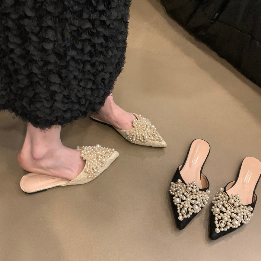 Women's Mules Summer 2024 New Pointed Toe Flat Heels Pearl Outdoor Ladies Slippers Dress Women Shoes Q75