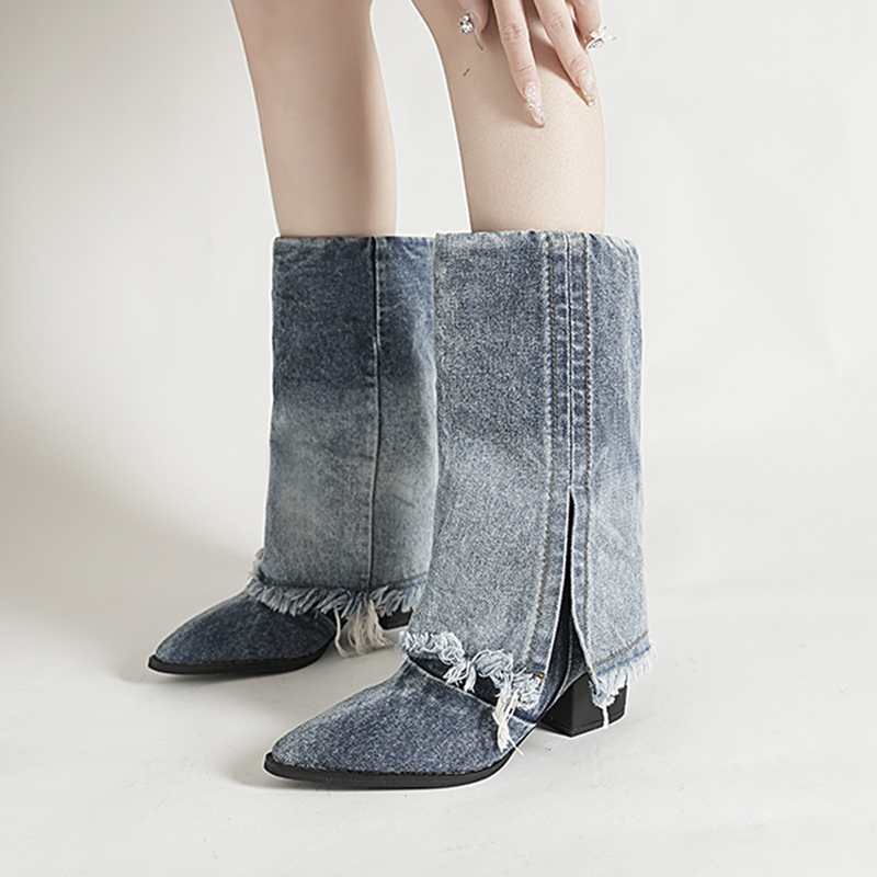 2025 new Blue Denim Cowboy for Women Autumn Mid Calf High Heels Western Boots Woman Pointed Toe Thick Heeled Jeans Shoes