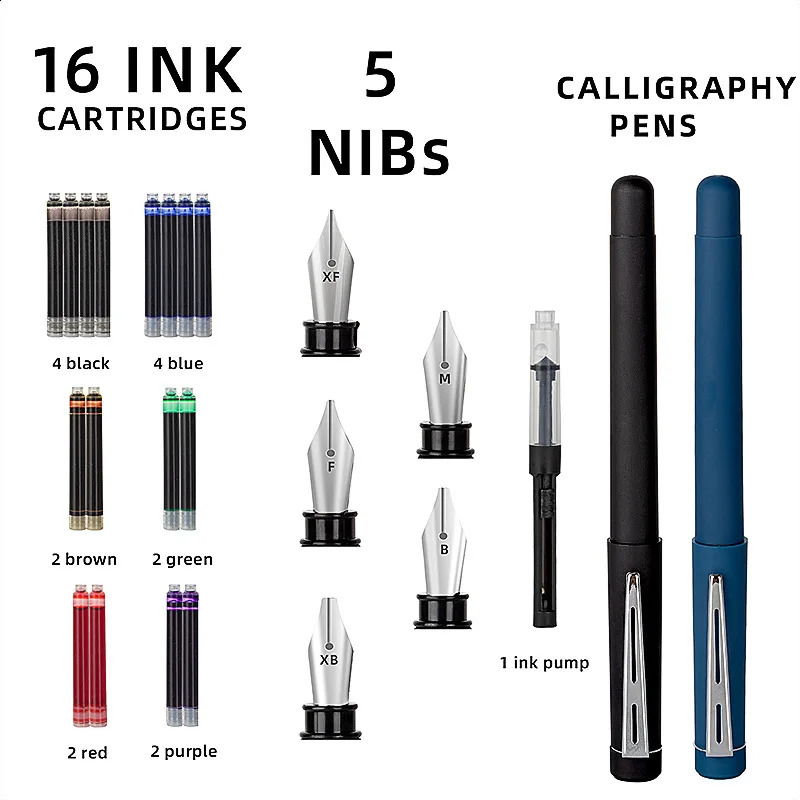 25 Piece Calligraphy Pen Writing Set 2 Fountain Pens 5 Nibs 16 Ink Cartridges for Art Gothic Flower Font English Sketch Drawing 240902