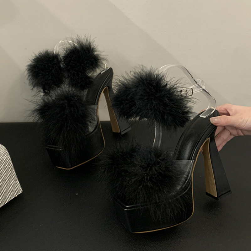 2025 new Liyke Summer Fashion Pink Fluffy Feather Square Toe Chunky Platform Sandals Women Wedding Banquet Shoes Super High Heels 85ff