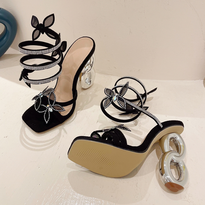 Strange Style Metal Fretwork Heels Gladiator Sandals Women Summer Fashion Peep Toe Butterfly Square Toe Party Dress Shoe