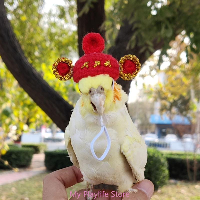 Handmade Crochet Small Pet Hat Adjustable Neckstrap Hamster Cartoon Costume Headgear Hat Winter Warm Hat Bird Headwear