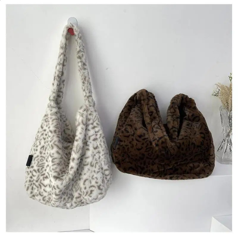 Brown Leopard Print Plush Bag Women Soft Warm Winter Tote Bag Faux Fur Shoulder Bag For Women Ladies Handbags And Purses 240902