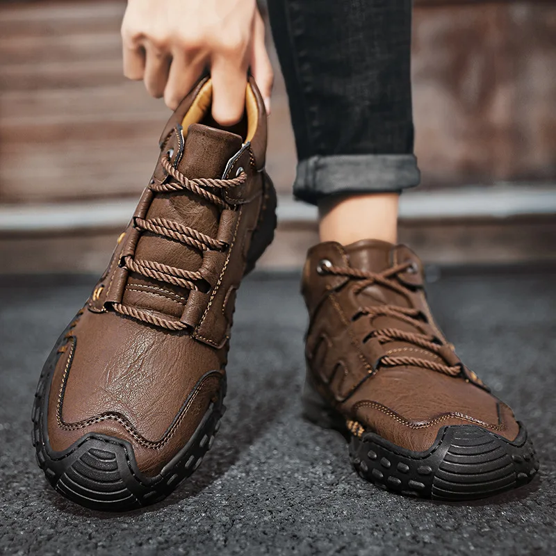 Microfiber Leather Outdoor Sports Non-slip High-top Hiking Shoes for Men Optional Plush Winter Ankle Boots Big Size33 f814