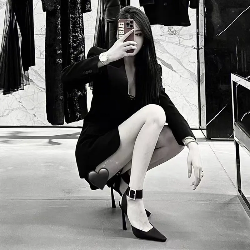 2025 new Women's Sandals Spring New Fashion Rhie Buckle Thin Bun Square Head Back Hollow High Heel Roman Shoes