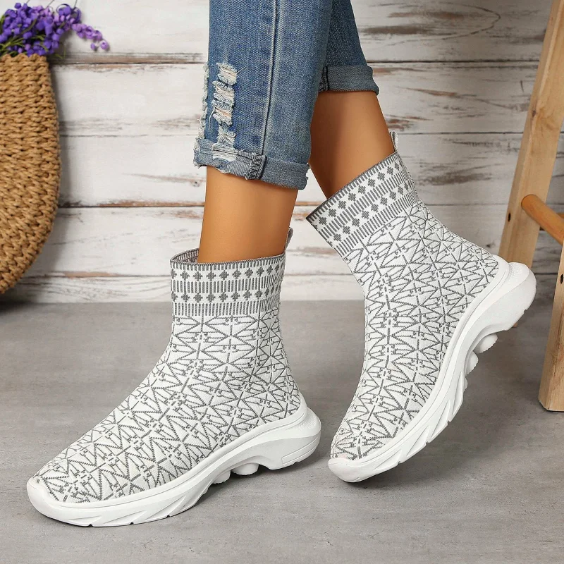 Chunky Platform Fashion for Women 2024 Autumn Slip-On Elastic Knitted Ankle Woman Mid-calf Boots Sock Shoes Size 43 0021