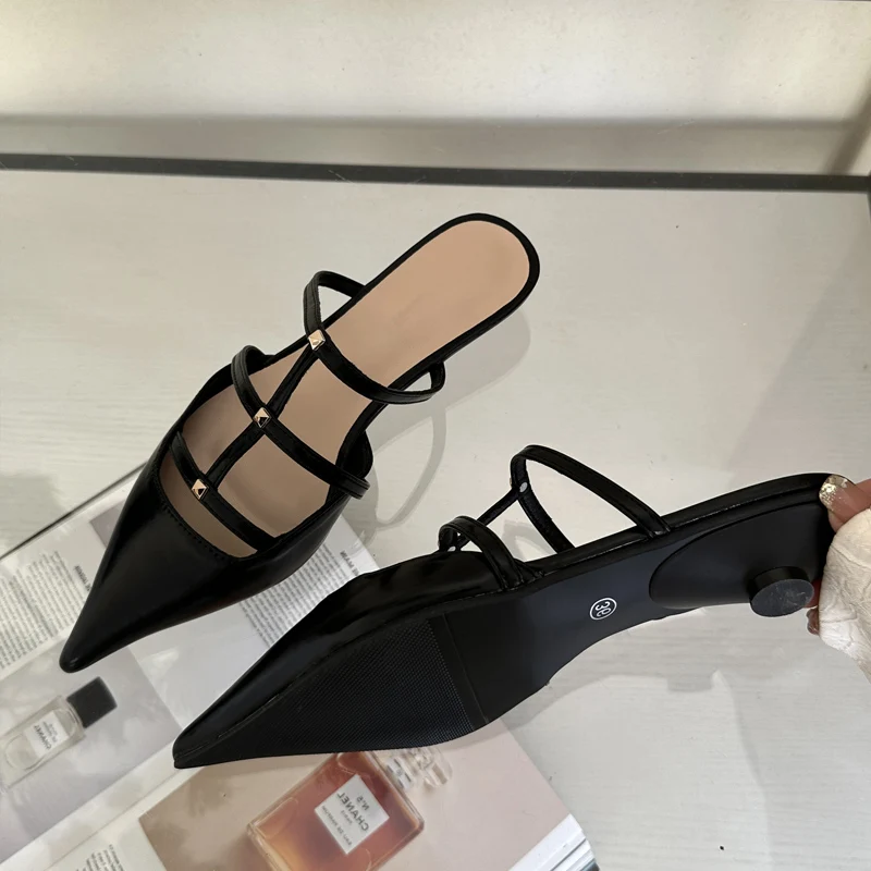 Eilyken New Design Rivet Pointed Toe Women Pumps Summer Narrow Band Low Heels Banquet Party Shoes Ladies Slippers 00d1