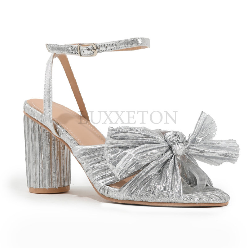 Fashion Summer Solid Sandals High Chunky Heels Open Toe Big Size 46 Butterfly Knot Elegant Weeding Party Women Shoes