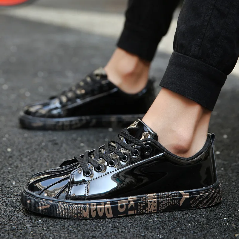 Fashiona Men Patent Leather Sneakers Tops Gold Sier Hip Hop Boots Glossy Lighted Brand Designer Shoes Flats Size 46